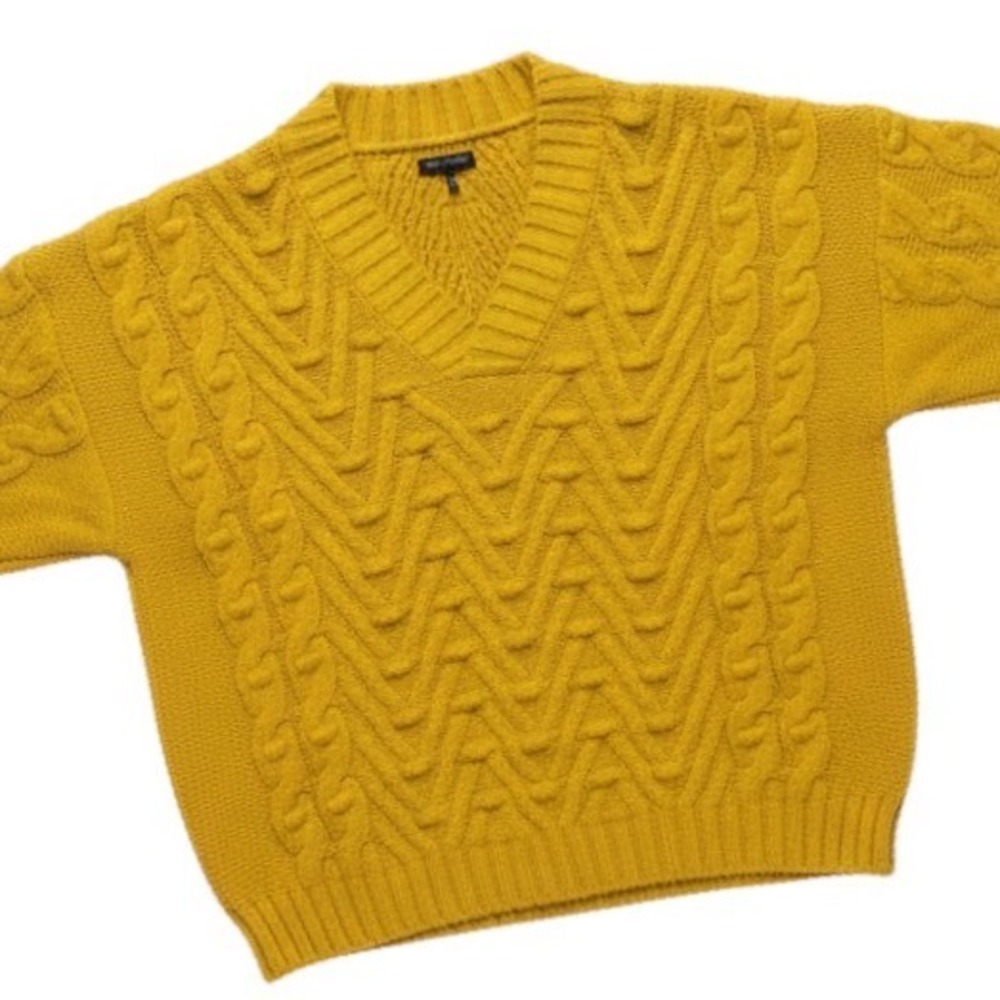 NWT Zara Man Mustard Yellow Popcorn Cable Knit V-Neck Chevron Sweater Size L